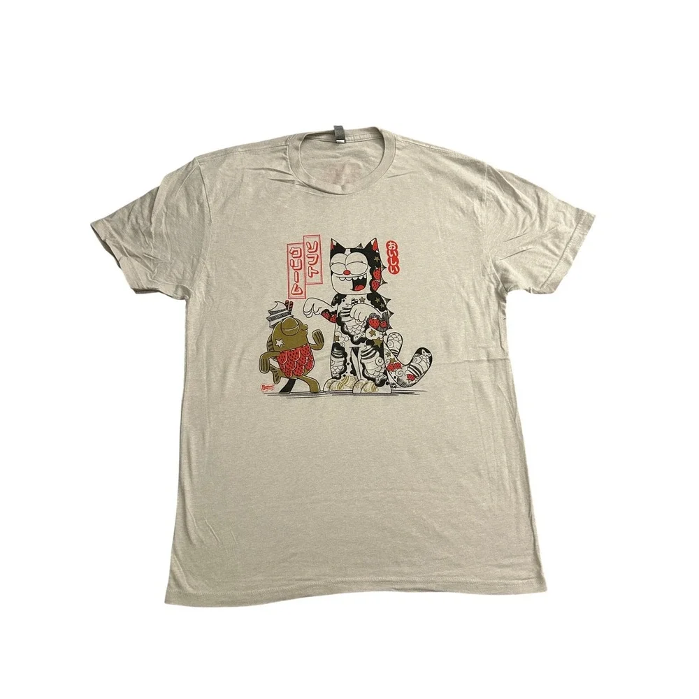 Furry Feline Creatives Graphic Tee Mens L Oatmeal Excellent Japanese Cat Fish - Picture 1 of 5